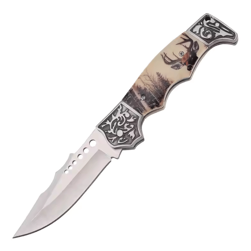 Etched Deer Rosewood Handle Stainless Steel Pocket Knife