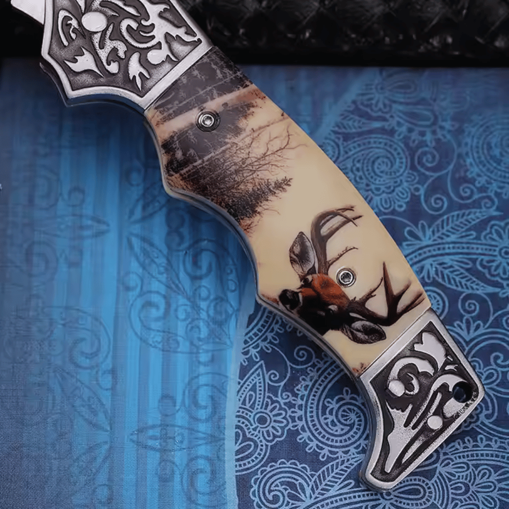 Etched Deer Rosewood Handle Stainless Steel Pocket Knife