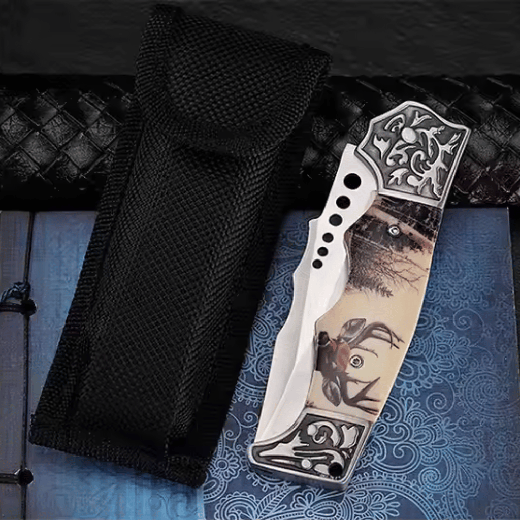 Etched Deer Rosewood Handle Stainless Steel Pocket Knife
