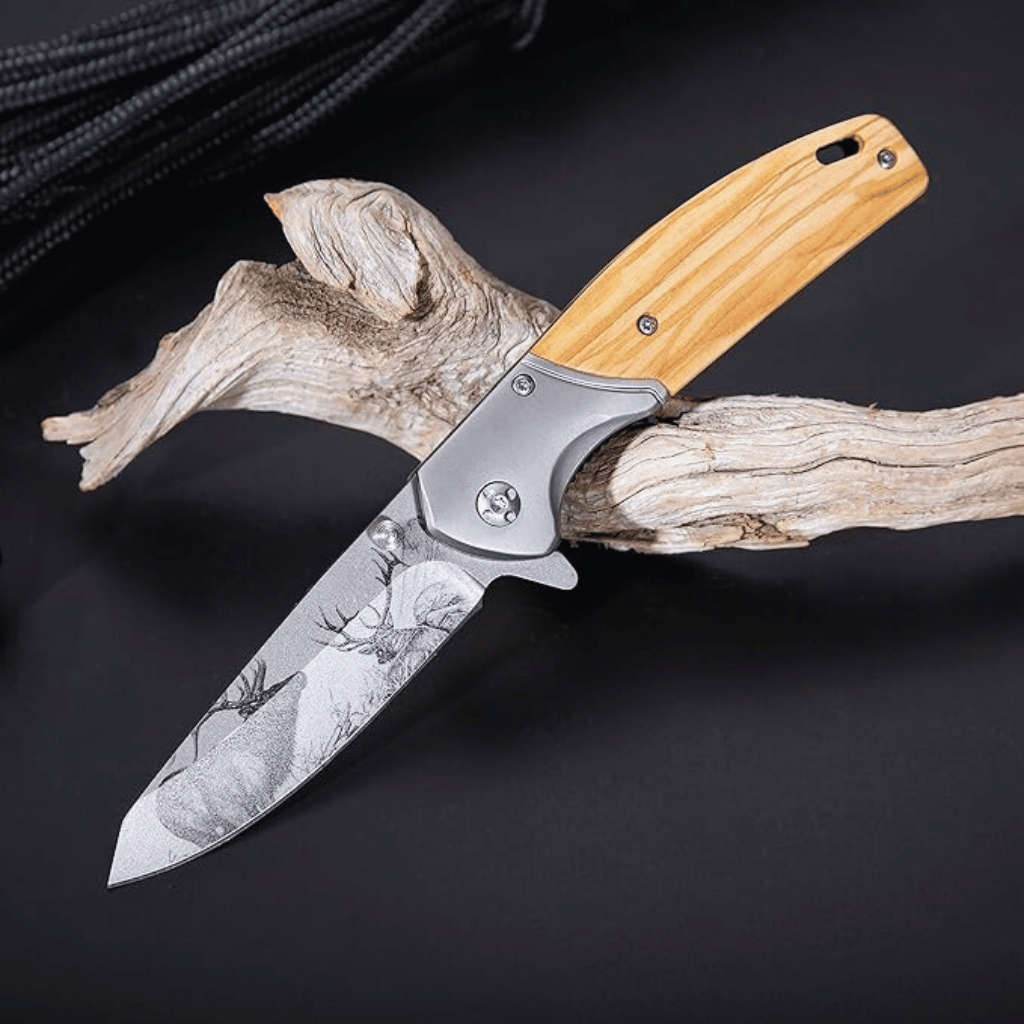 Etched Elk Stainless Steel Pocket Knife