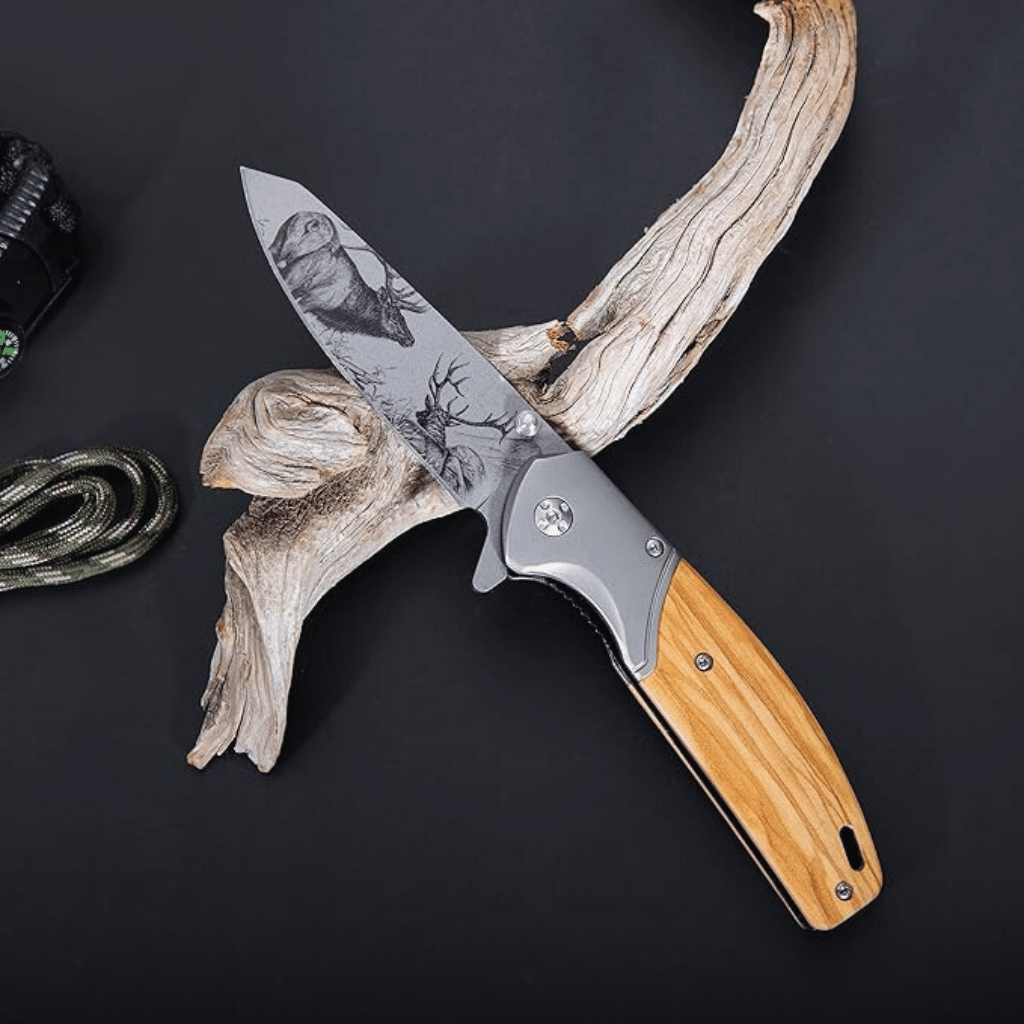 Etched Elk Stainless Steel Pocket Knife