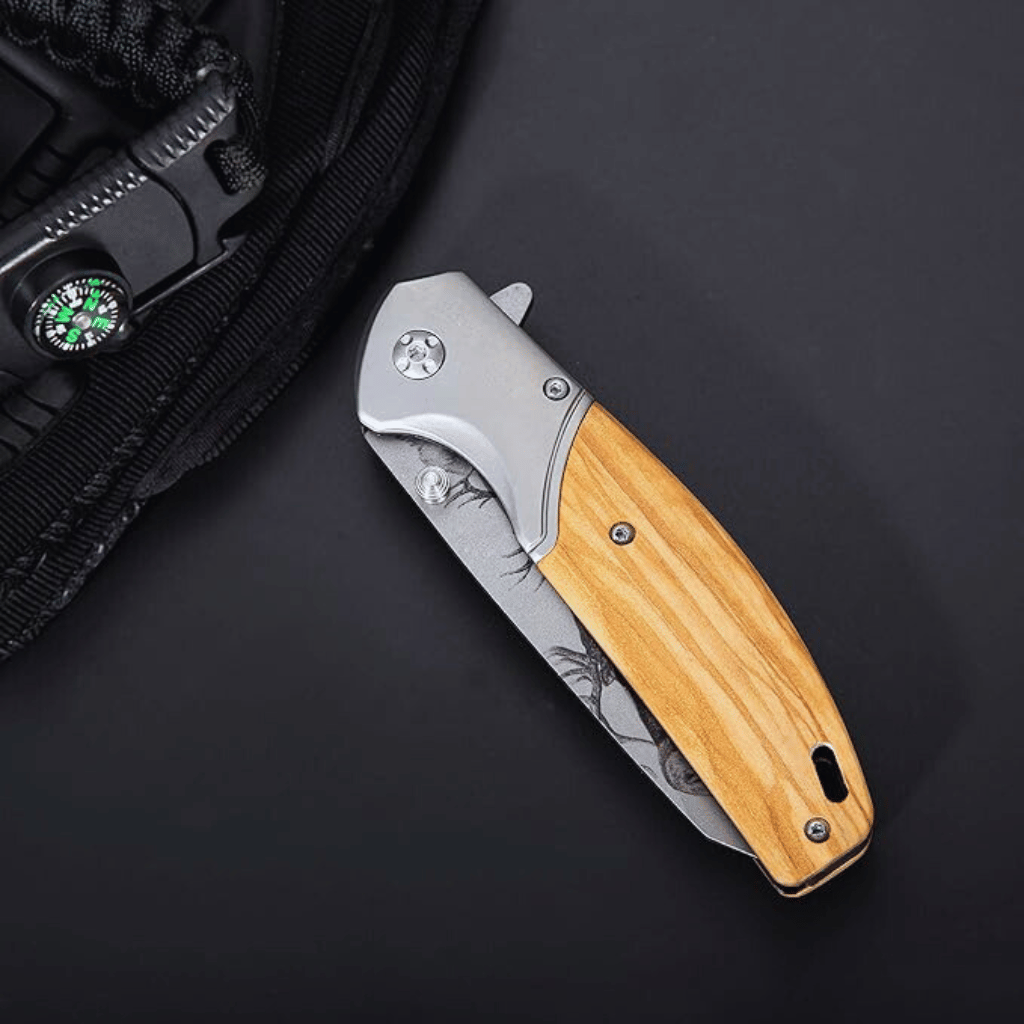 Etched Elk Stainless Steel Pocket Knife