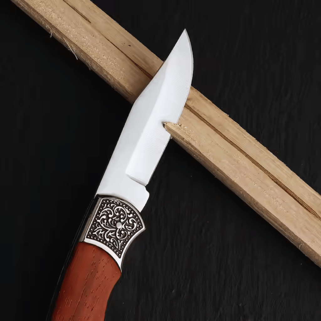 Etched Rosewood Handle Stainless Steel Pocket Knife