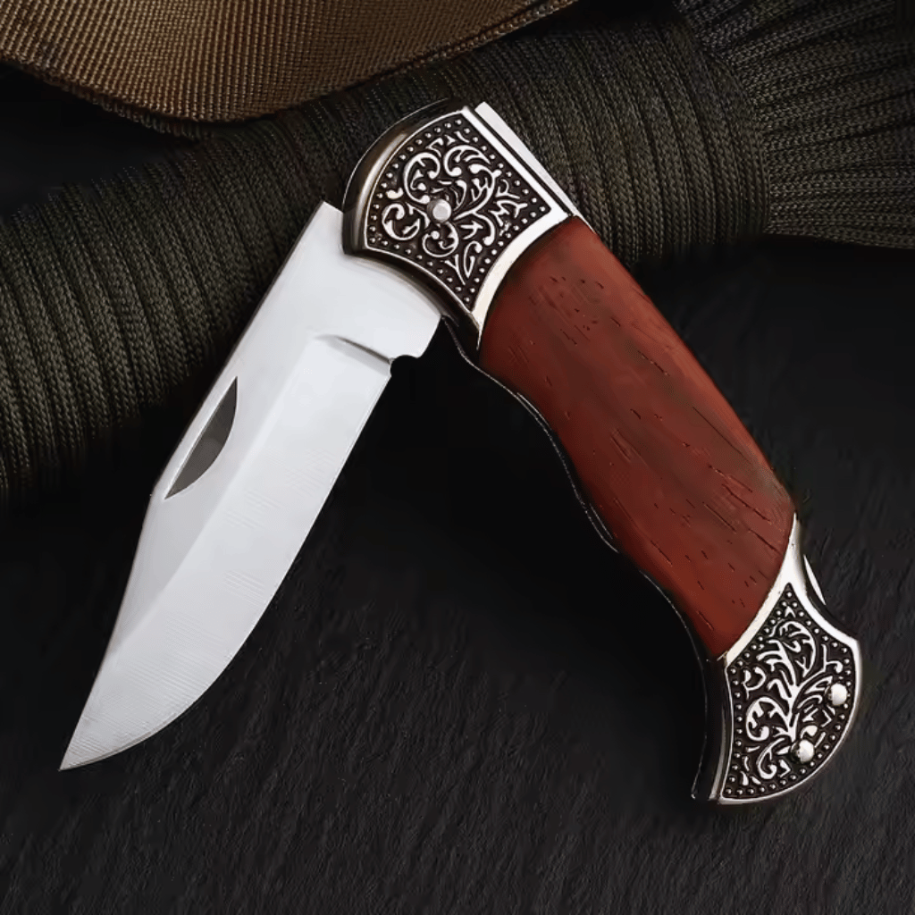 Etched Rosewood Handle Stainless Steel Pocket Knife