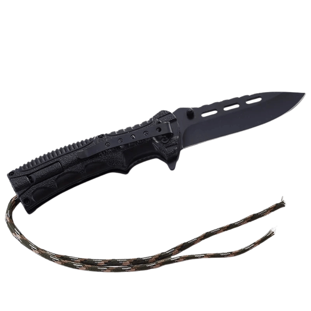 Tactical Outdoors Black Stainless Steel Folding Knife Camo Strapped Handle