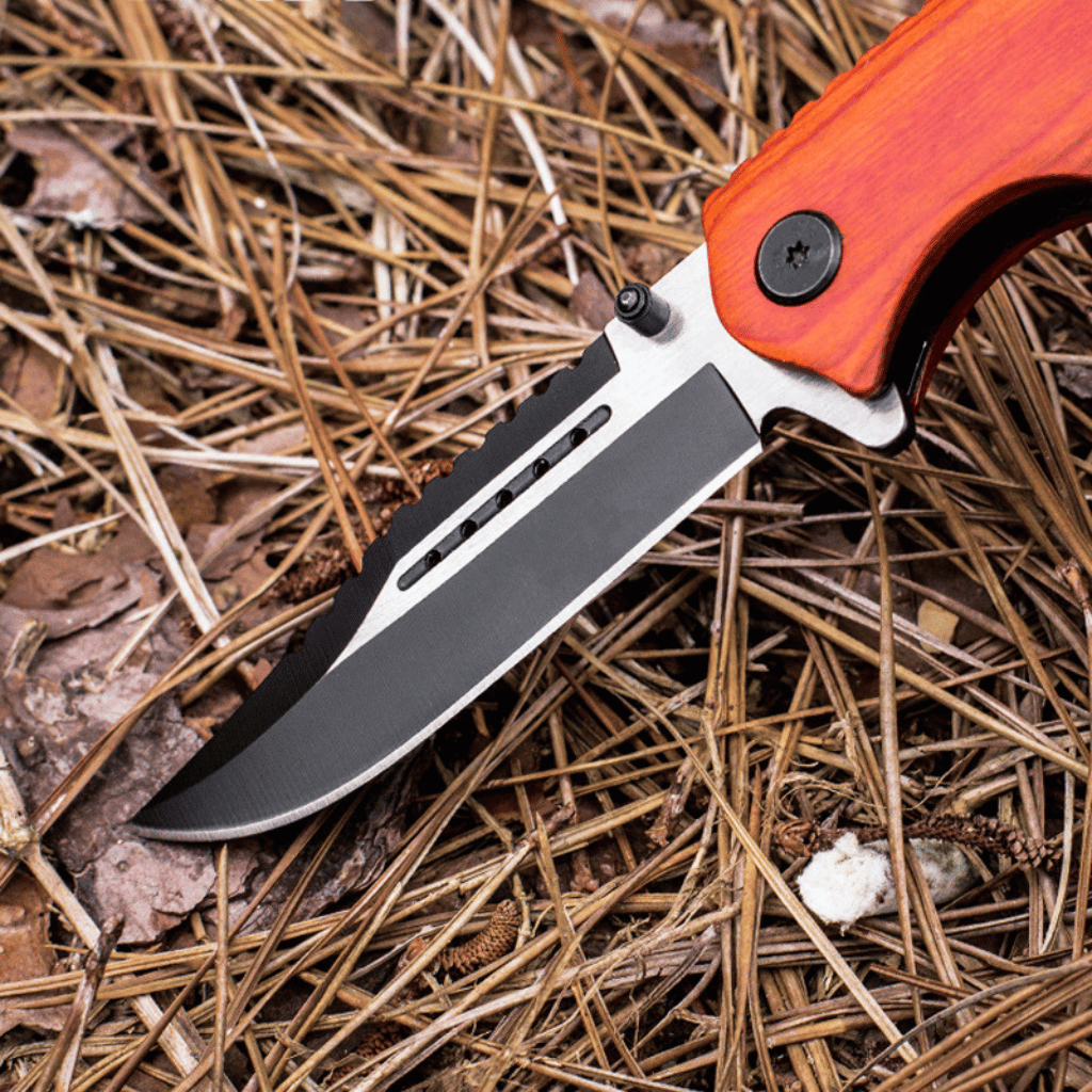 Black Stainless Steel Folding Knife Wood Handle