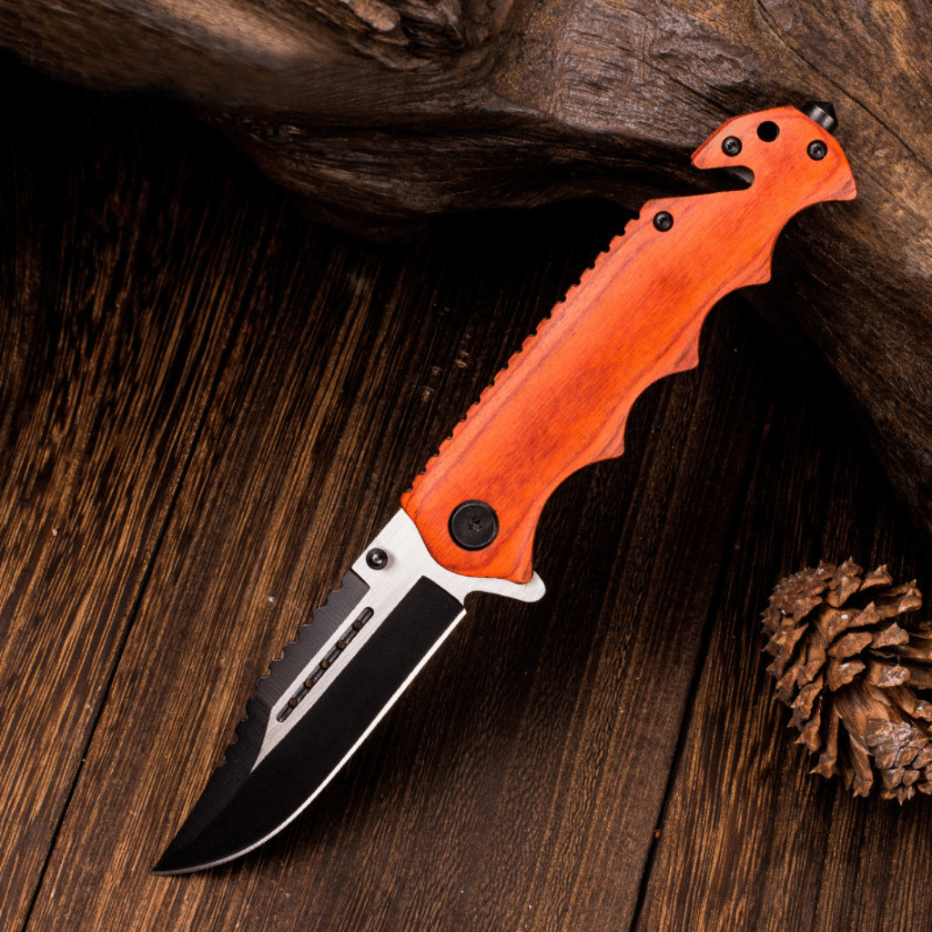 Black Stainless Steel Folding Knife Wood Handle