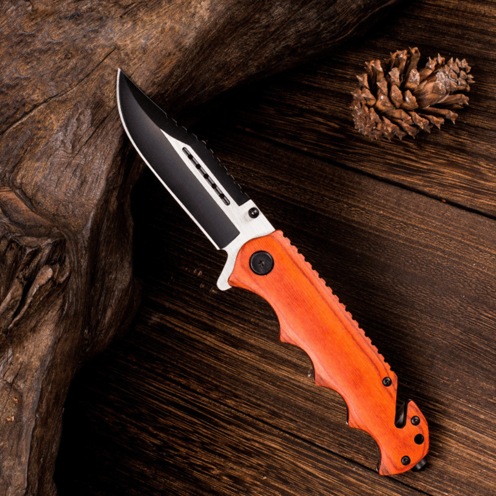 Black Stainless Steel Folding Knife Wood Handle