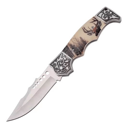 Etched Deer Rosewood Handle Stainless Steel Pocket Knife