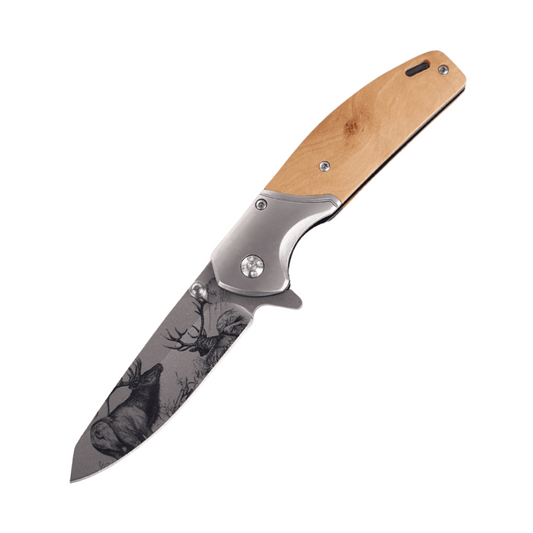 Etched Elk Stainless Steel Pocket Knife