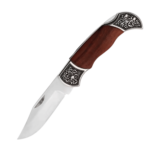 Etched Rosewood Handle Stainless Steel Pocket Knife