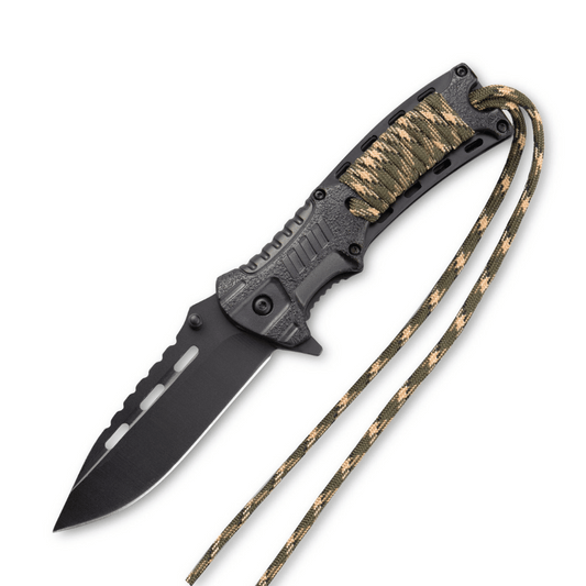 Tactical Outdoors Black Stainless Steel Folding Knife Camo Strapped Handle